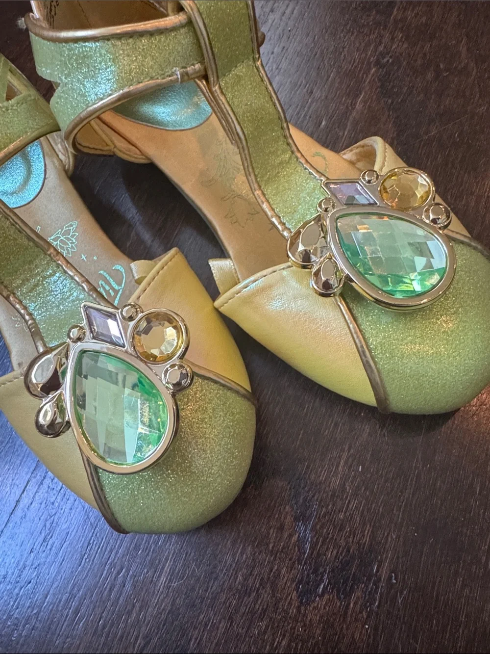 Disney Girls Yellow and Green Tiana Jewel T-Strap Dress Shoes
